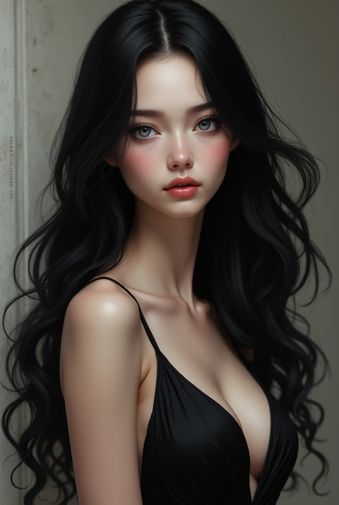 A girl with black hair that reaches her waist, gray eyes and a penetrating gaze, a very pretty face and pale skin with a very nice body, sharp curves, medium breasts and dresses very elegantly