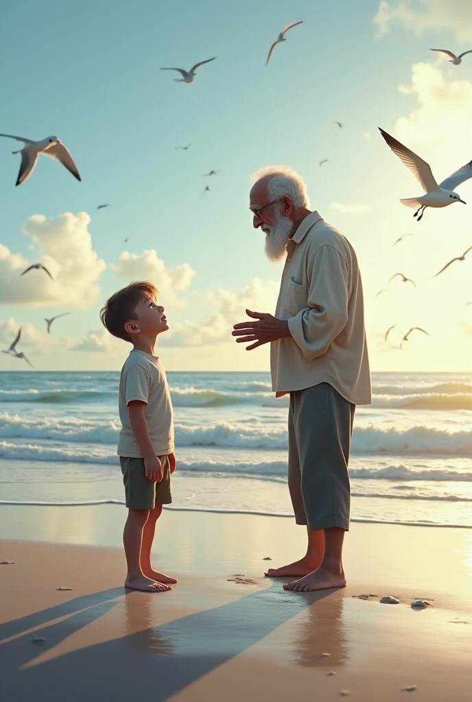 A boy and his grandfather on the beach talking in front of the sea