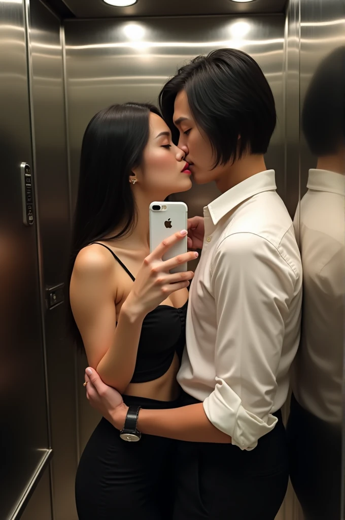 create the image of a couple hugging inside an elevator. the woman on the left is liu wen with long straight black hair, wearing a black dress that is tight at the waist like a corset, the dress has thin straps. the woman is holding a white smartphone, taking a selfie in the mirror. the man on the right has long black bob hair, is wearing a fresh white short-sleeved button-down shirt and black tailored pants.