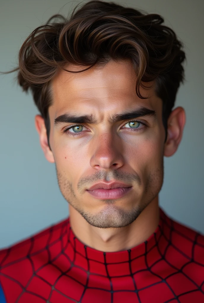 A photograph of spider man, no mask, 20 yo, handsome, detailed face, looking at camera, portrait, 8k uhd, high quality