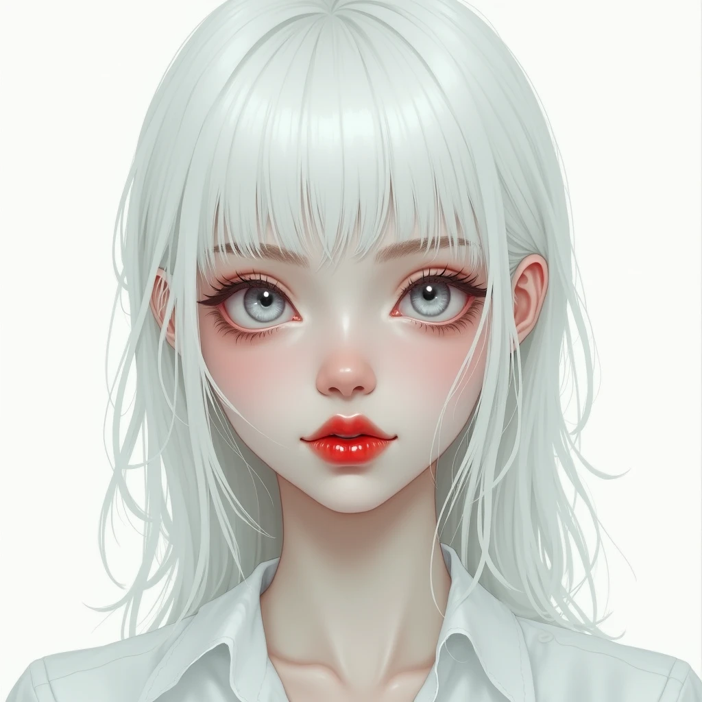 Portrait of a pale girl with white hair and red lips, white background, detailed illustration, style of moebius