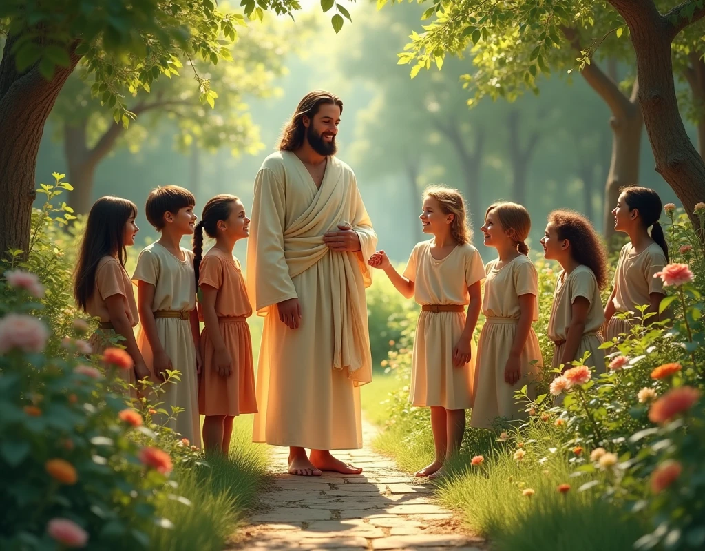 Jesus talking to children, children are smiling, walk in the garden of Eden