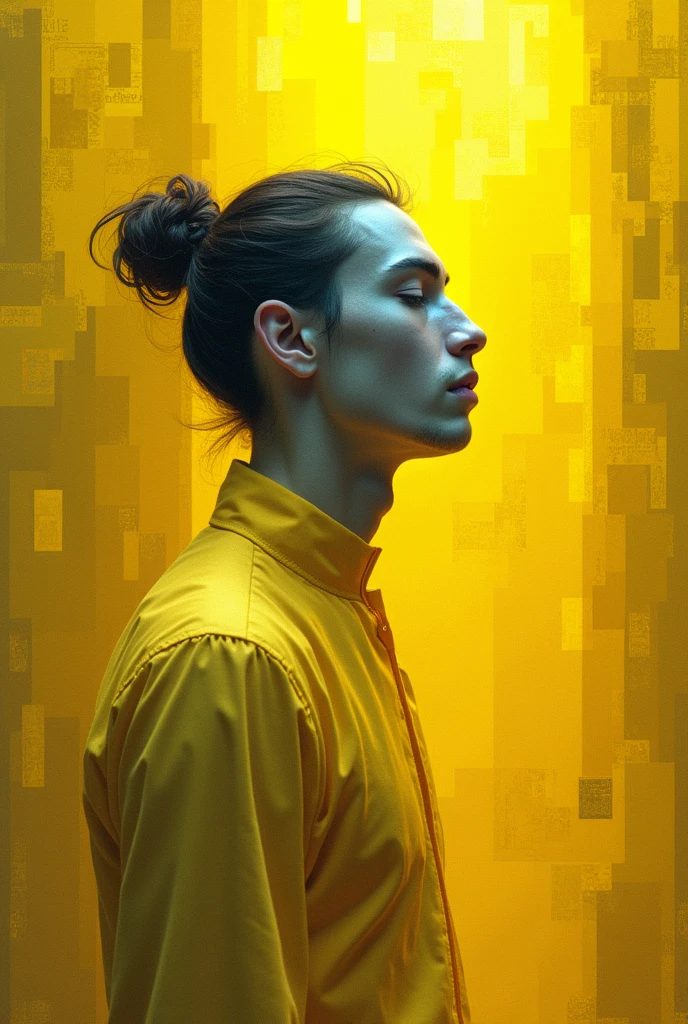 Redo the art "blue woman" DE OF CAVALCANTI, Although, using a pixel style and turning the woman into a man and the predominant color becoming yellow, both man and the environment, still maintaining the same angle and position of the original work.