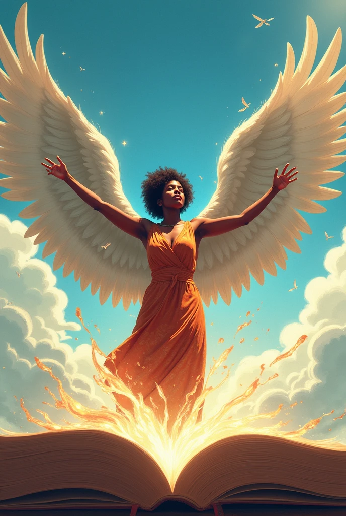 drawing of a black woman coming out of a book with wings to illustrate that education makes you fly high