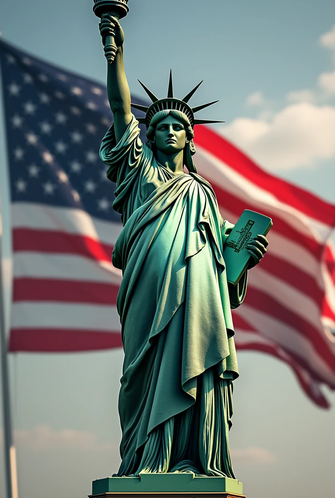 Statue of Liberty with the United States flag behind it dressed in the typical clothing of Jalisco