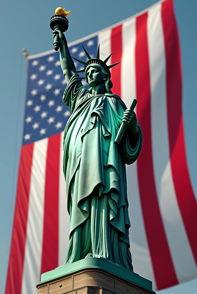 Statue of Liberty with the United States flag behind it dressed in the typical clothing of Jalisco 