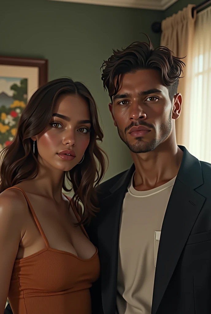Create a realistic 2 person in a room looking at the camera, 8k, hyperealism