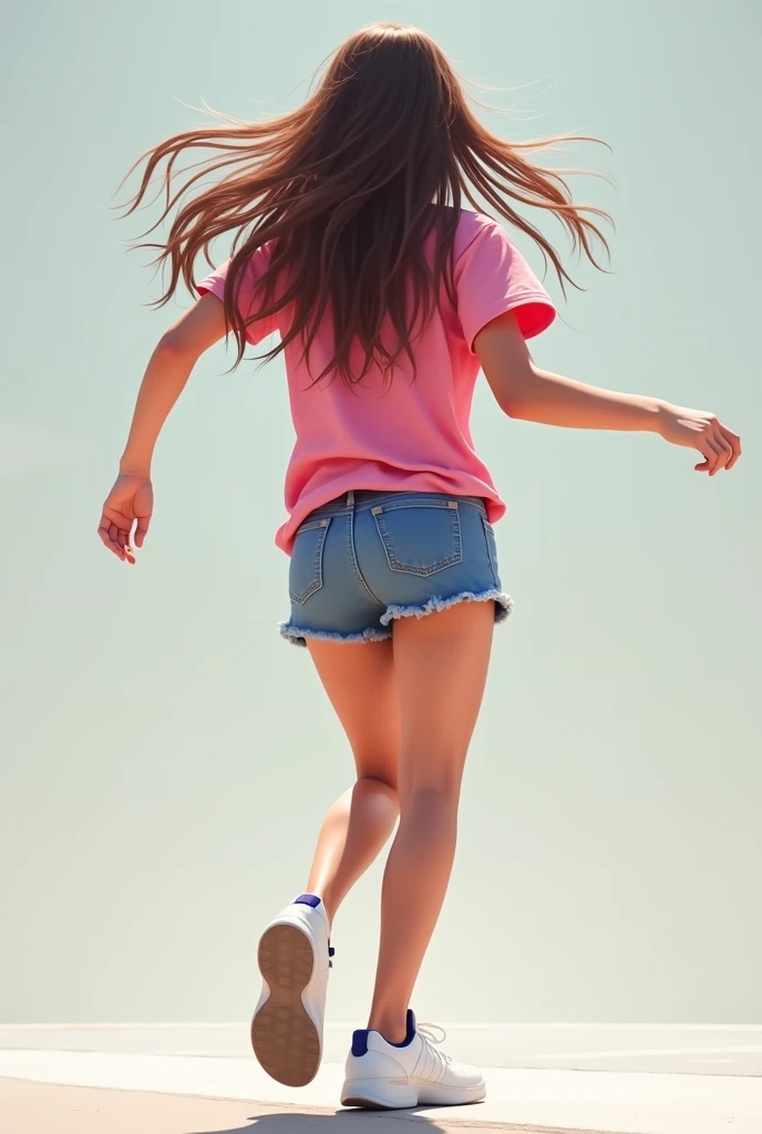 Girl, long hair, wearing denim shorts, white sneakers, pink short-sleeved shirt, facing away, kicking forward, full body angle of view from above
