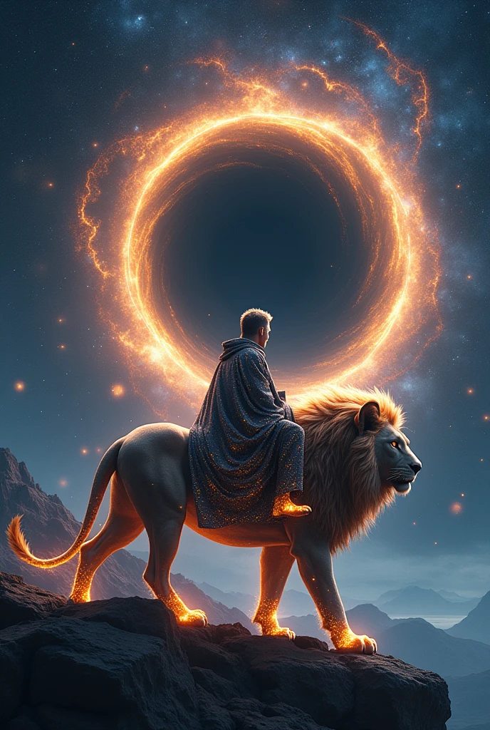 a man riding a star lion observing the black hole