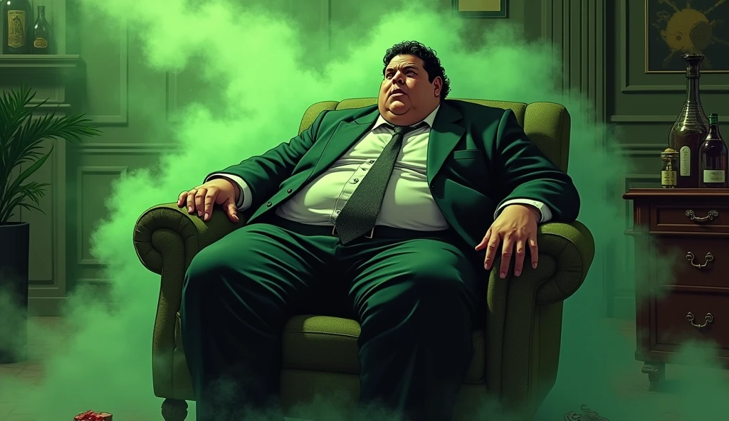 beautiful morbidly obese young female mob boss wearing a mobster suit with food stains on it sitting in her sofa chair which is surrounded by olive green stink fumes, comic artstyle