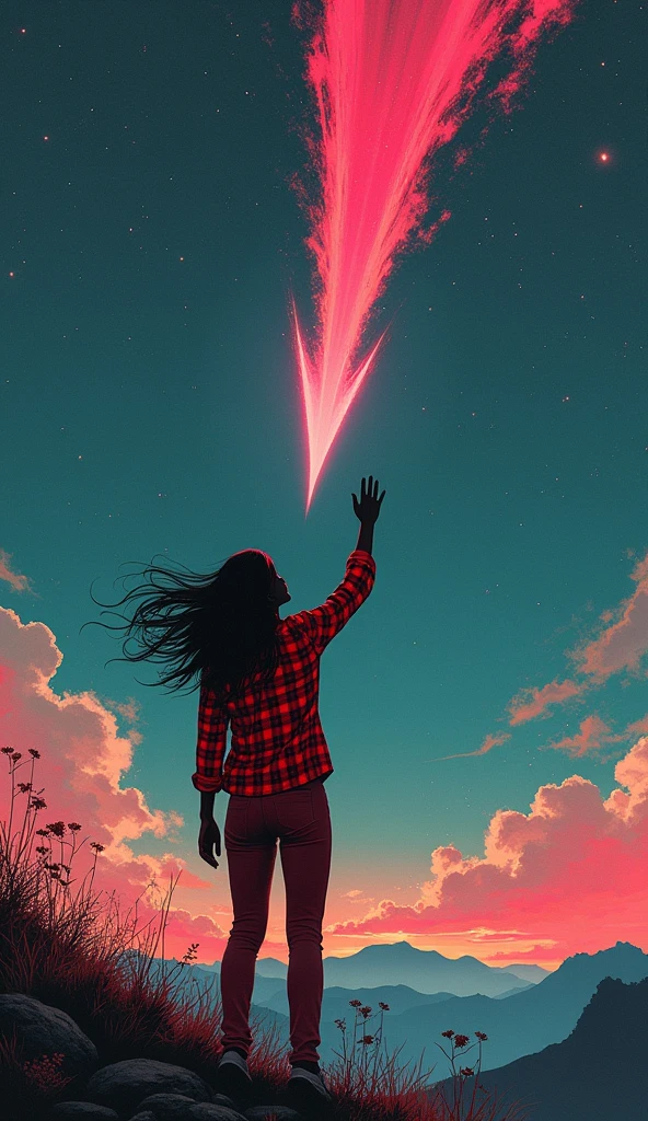 (Artwork, best quality),minimalistic, 8 k wallpaper, highy detailed,shapes, lines, abstrato, propaganda, Fantasy Movie,book cover, vintage, low angle shot, Collage,silhouette of a long-haired woman wearing pants and a red plaid shirt with one hand raised to the starry night sky trying to reach a bright, grand pink shooting star