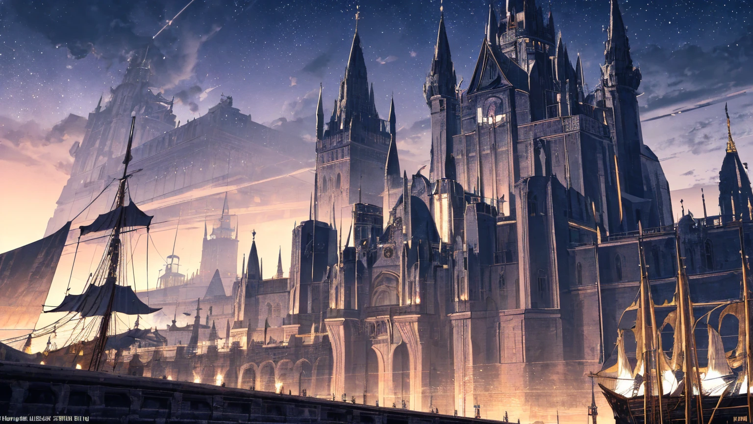 Masterpiece, high detail, 8K resolution, ConceptArt, scenery, black palace in distance, black medieval city, night sky, open sea port with ships, multiple people wearing medieval attire in distance walking, beautiful, dazzling stars, pretty night sky,