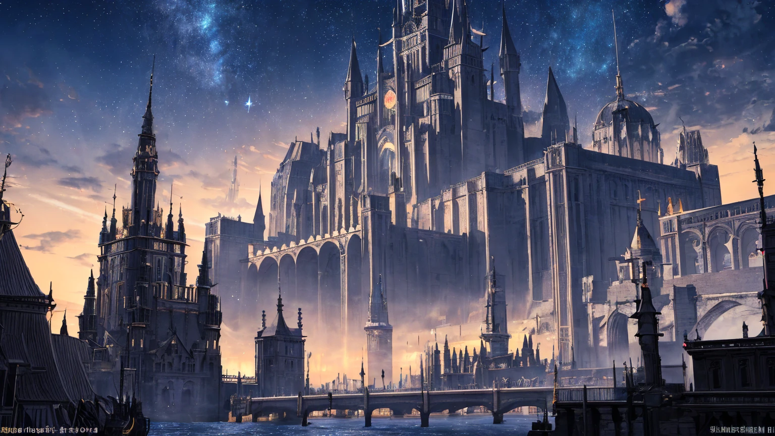 Masterpiece, high detail, 8K resolution, ConceptArt, scenery, black palace in distance, black medieval city, night sky, open sea port with ships, multiple people wearing medieval attire in distance walking, beautiful, dazzling stars, pretty night sky,
