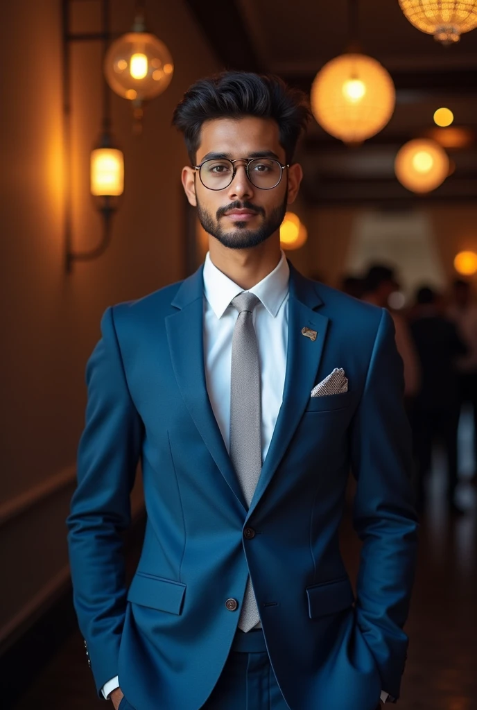 21 yr old Indian boy with narrow body wearing clubmaster metal frame spect nd fair skin wearing formal sky suit for party