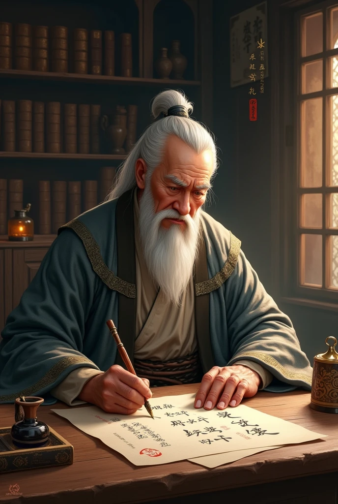 a priest doctor from ancient China writing on a scroll