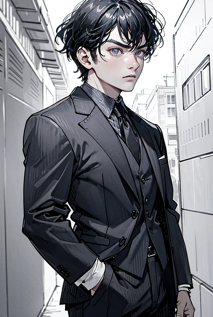 (photorealism:1.2) + man + black slightly tousled hair + obsidian deep eyes + sharp jaw + shirt + suit jacket+ muscles + serious look