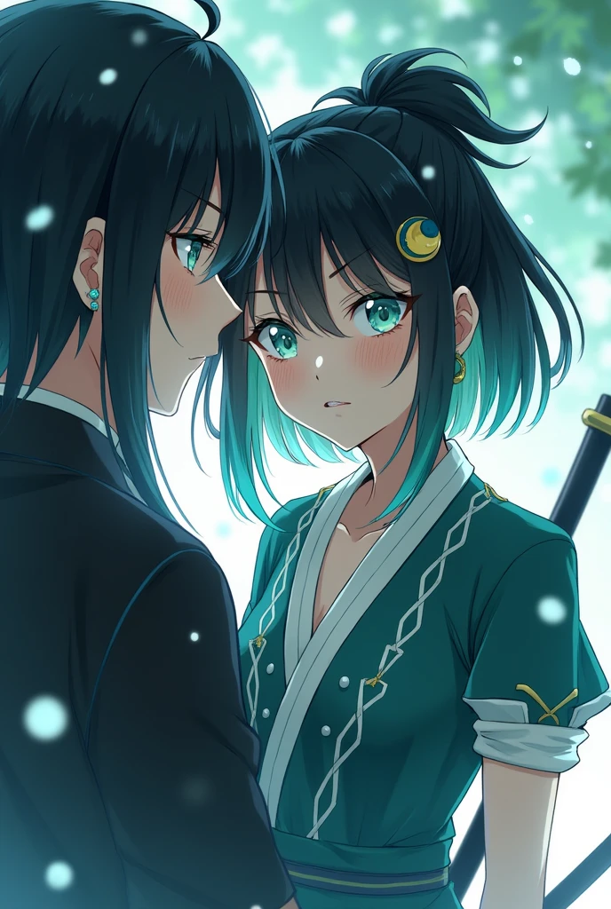 A girl in the style of the Kimetsu no Yaiba anime who has Daki makeup on her eyes and short, black hair tied back with mint-colored tips, also eyes of the same color and who has a demon hunter uniform. The uniform is the one worn by the Demon Slayer characters and has short sleeves and a low neckline., and that he has a katana, the uniform is gray and the edges of the collar and sleeves are white and that he has moon-shaped earrings and that he has white shadows in his eyes, that she is with muichirou tokitou is a man from demon slayer and that both are blushing the man has long hair and the tips are sea water 