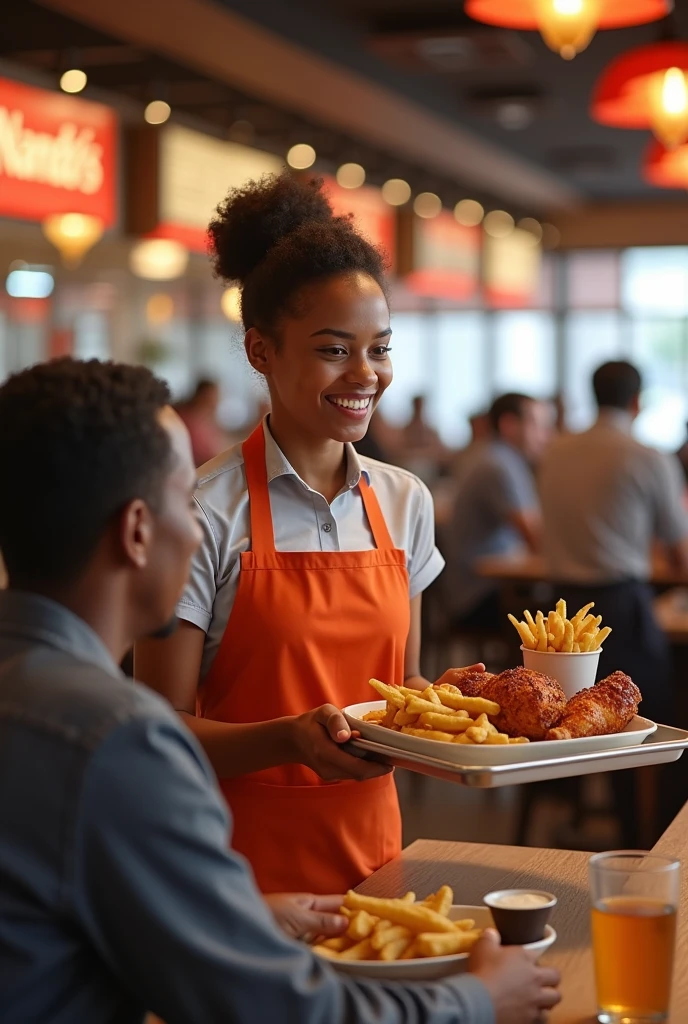 waitress serving customer food at nandos resturant