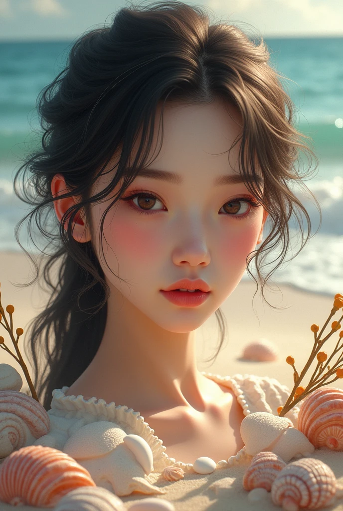 head of&#39;artwork, best quality, high quality, CG, 8k, wife, coquillage sur la plage