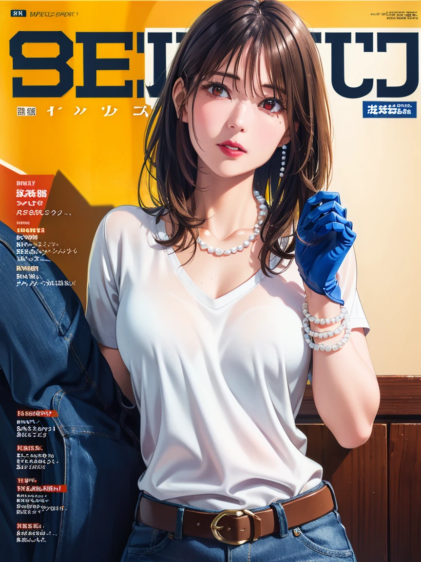 (((comic magazine's cover, large title, many heading))), high-definition image, eyes realistic sizing, realistic skin, drooping eyes, unbuttoned various patterned feminine casual dress, close-up breast, large areolas, smiling, braid, old fashion, in the park, skyscrapers, ((angle from below)),