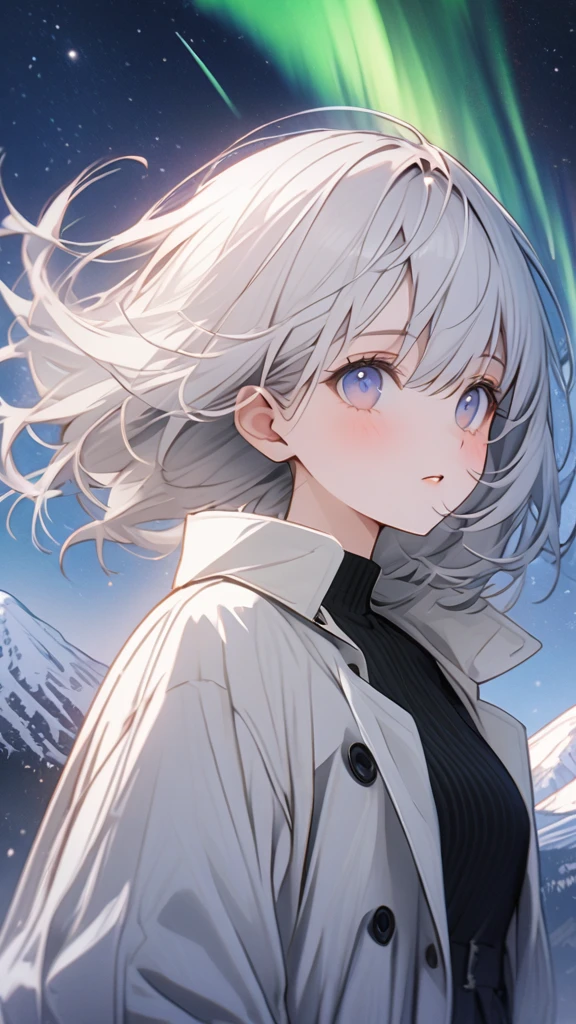 Beautiful girl with white hair，Open white long trench coat，Black lining，Snowy mountain tops，Starry Sky，Meteor，Put your hands in your pockets，Look up at the Starry Sky，panoramic，Character Close-up，midnight，Aurora、雨の夜、猫