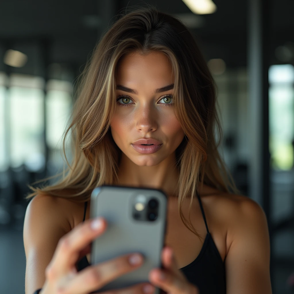 [beautiful young woman], [green eyes], [straight brown hair with frizz], [perfect hands], [sports outfit], [selfie in the gym mirror with her iPhone], professional, (4k image:1.1), (Sharp Focus:1.3)