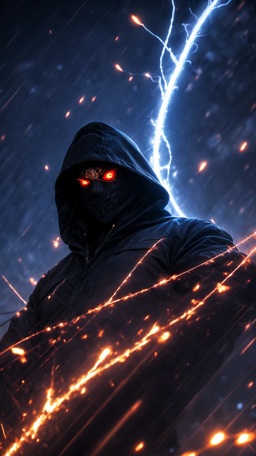 A shadowy character wearing a dark hooded jacket and a face covered by a glowing mask with a terrifying pattern of red eyes and a sinister smile in the form of glowing white stitching.. He is sitting in a relaxed manner in front of a metal fence, with a carefree but intimidating posture. The background is dark with a blue night sky, and the lighting dramatically highlights the shine of his eyes and mouth, while little red sparks float in the air, adding a tense and urban atmosphere. The style is dark and aggressive, with a cyberpunk and vigilante aesthetic, conveying a sense of latent danger.