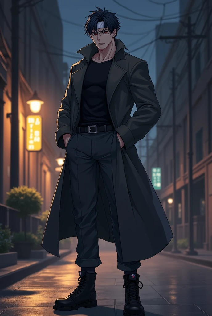 make this art in anime style. naughty man, white-skinned, with 1,75 m high, brawny. He has short, slightly messy black hair., dark brown eyes and a serious expression, but confident. He is wearing black gloves that give a mysterious touch, matching your style. Wears dark gray military pants, slightly fitted to the body, that falls softly over well-polished black leather boots, black t-shirt a white headband tied around the head. The highlight of the look is a long, dark overcoat., with a perfect fit, reaching almost to the knees. The fabric of the coat has a modern touch, with a light wool texture, contrasting with the discreet metal buckles on the boots. He's in an upright pose, with one hand in the coat pocket and the other holding the gloves in a relaxed movement. The background could be an urban street at night., illuminated by streetlights, creating an air of mystery and urban style.