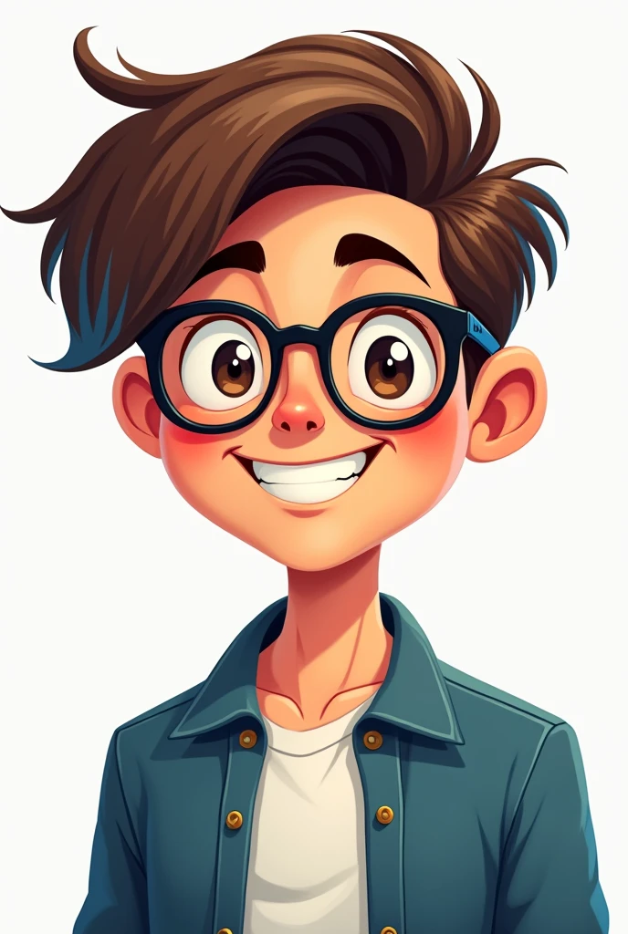 CARTOON of a financial management student who wears glasses and has straight hair IN TWO COLORS: BROWN AND BLUE, has the septum piercing, He is smiling, Brown eyes