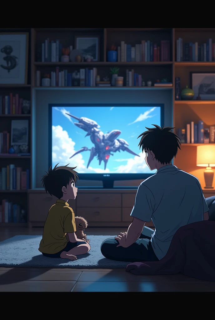 A boy and his father watching Evangelion, in front of the television