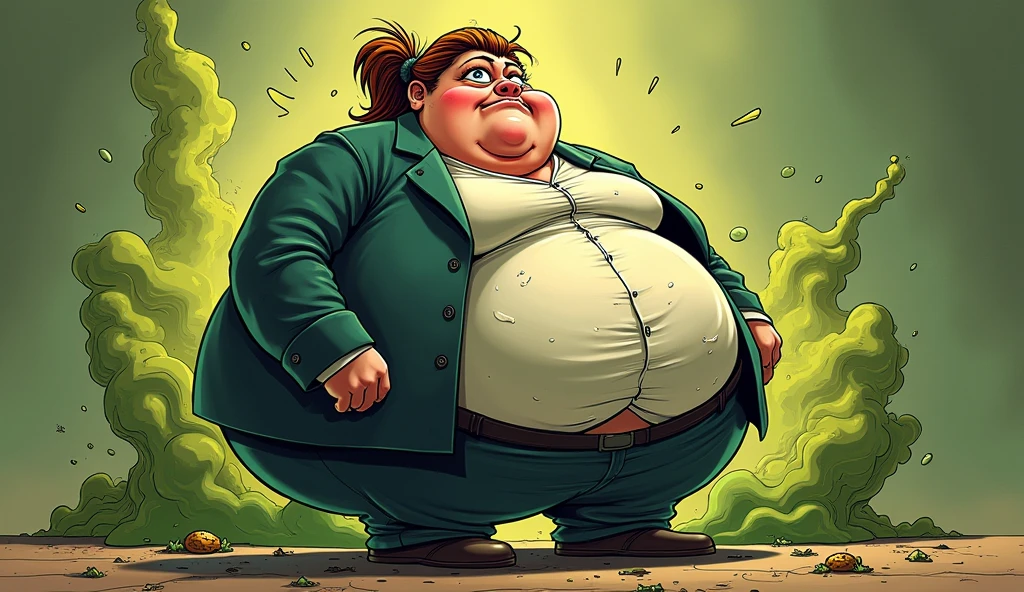 beautiful morbidly obese young female mob boss wearing a mobster suit with food stains on it farting olive green stink fumes from her butt, comic artstyle