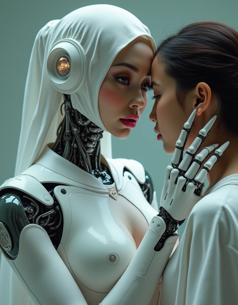 female robot wearing hijab, white breasts, pink lips, white body, robotic arms, long nails, seductive expression, stroking a teenage b