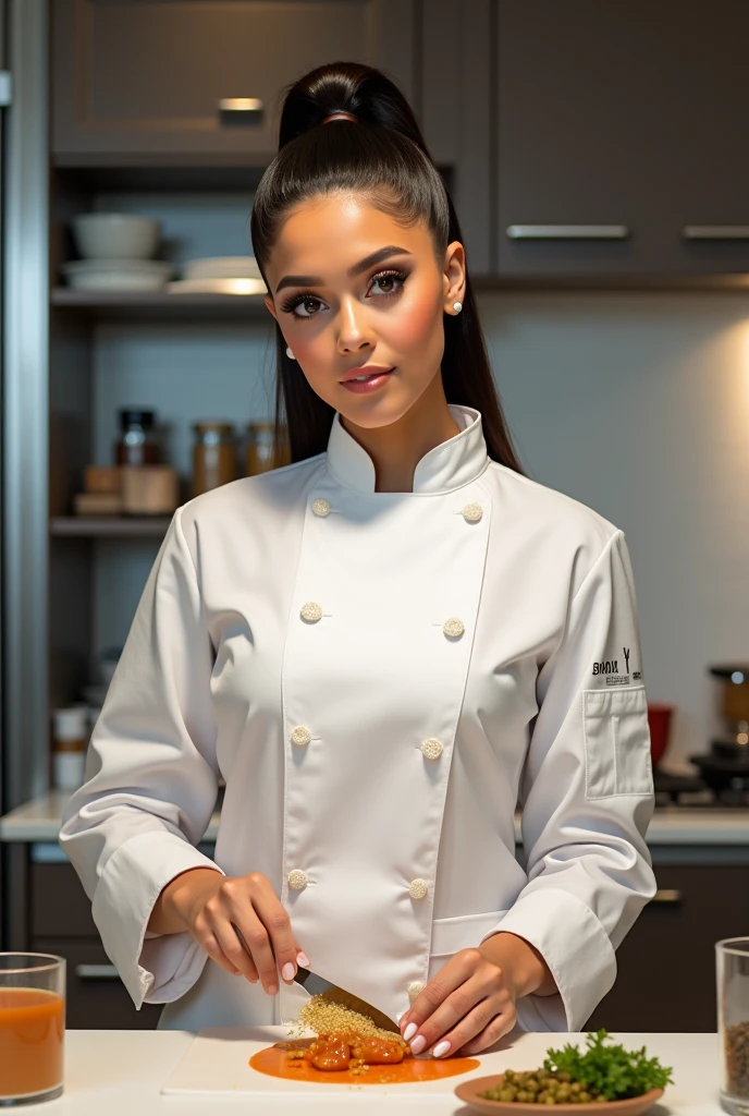 Singer Ariana Grande cooking in a chef&#39;s outfit