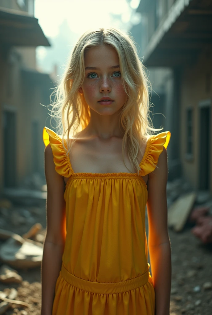 masterpiece, Highly detailed 8k raw photo, best cinematographic quality, Volumetric lighting and shadows surround a beautiful blonde girl in a yellow comic book dress and aquamarine eyes,  First person view shot war background