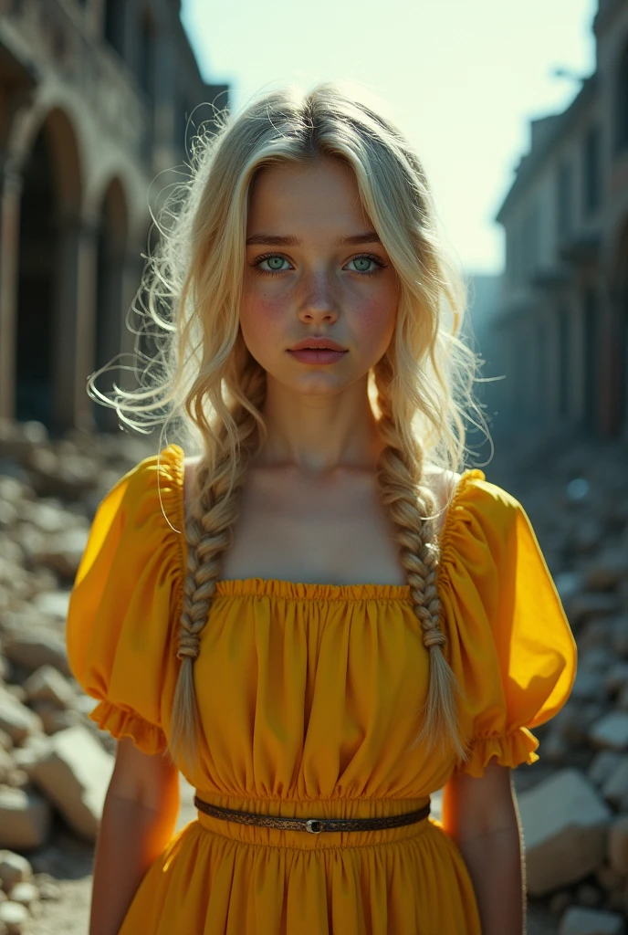 masterpiece, Highly detailed 8k raw photo, best cinematographic quality, Volumetric lighting and shadows surround a beautiful blonde girl in a yellow comic book dress and aquamarine eyes, First person view shot war background