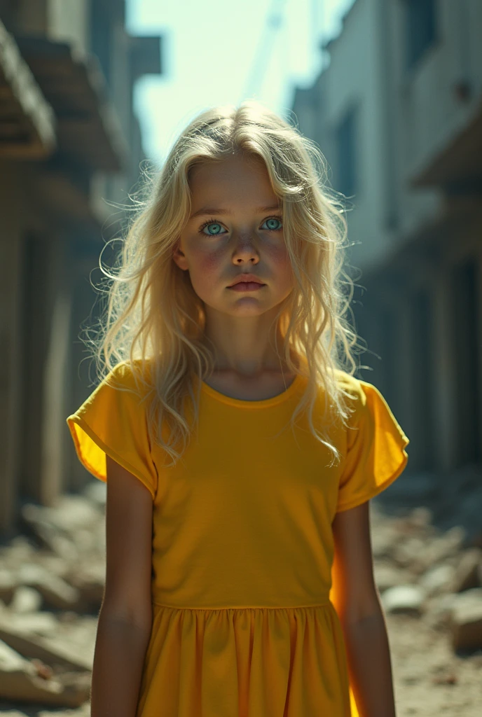 masterpiece, Highly detailed 8k raw photo, best cinematographic quality, Volumetric lighting and shadows surround a beautiful blonde girl in a yellow comic book dress and aquamarine eyes, First person view shot war background