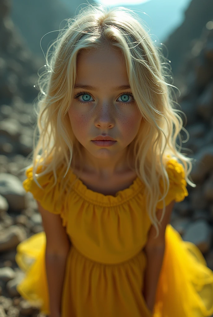 masterpiece, Highly detailed 8k raw photo, best cinematographic quality, Volumetric lighting and shadows surround a beautiful blonde girl in a yellow comic book dress and aquamarine eyes,  First person view shot war background