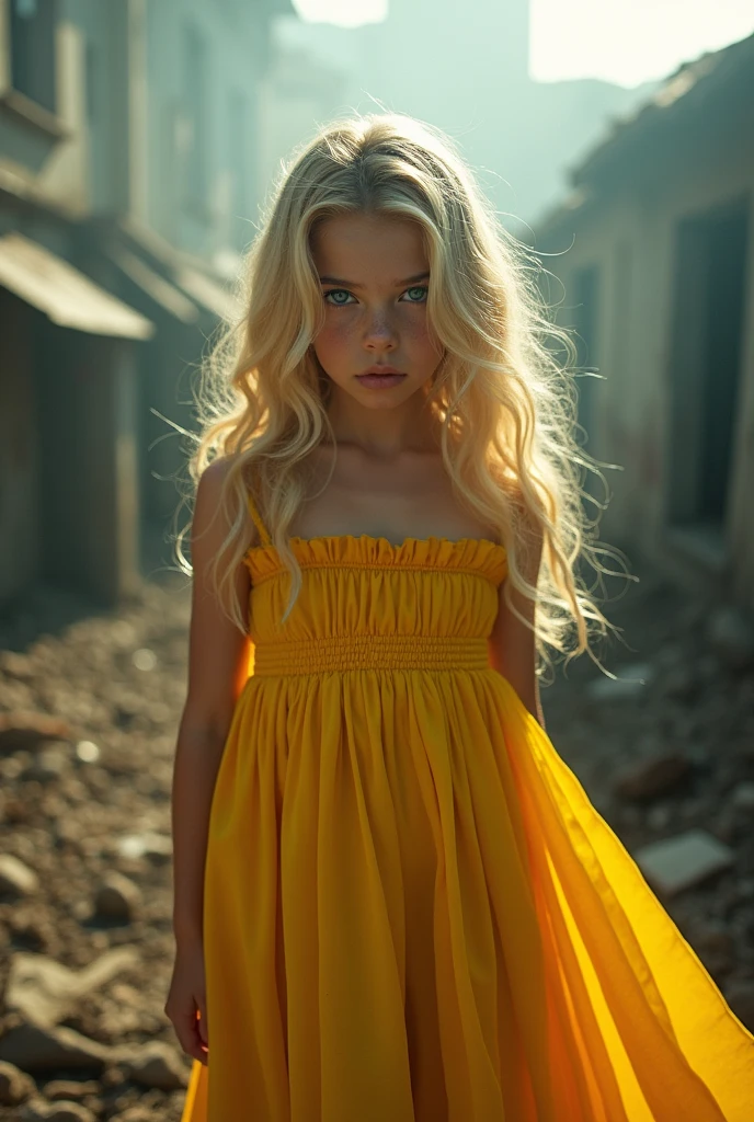 masterpiece, Highly detailed 8k raw photo, best cinematographic quality, Volumetric lighting and shadows surround a beautiful blonde girl in a yellow comic book dress and aquamarine eyes, First person view shot war background