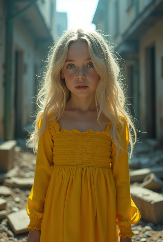 masterpiece, Highly detailed 8k raw photo, best cinematographic quality, Volumetric lighting and shadows surround a beautiful blonde girl in a yellow comic book dress and aquamarine eyes,  First person view shot war background