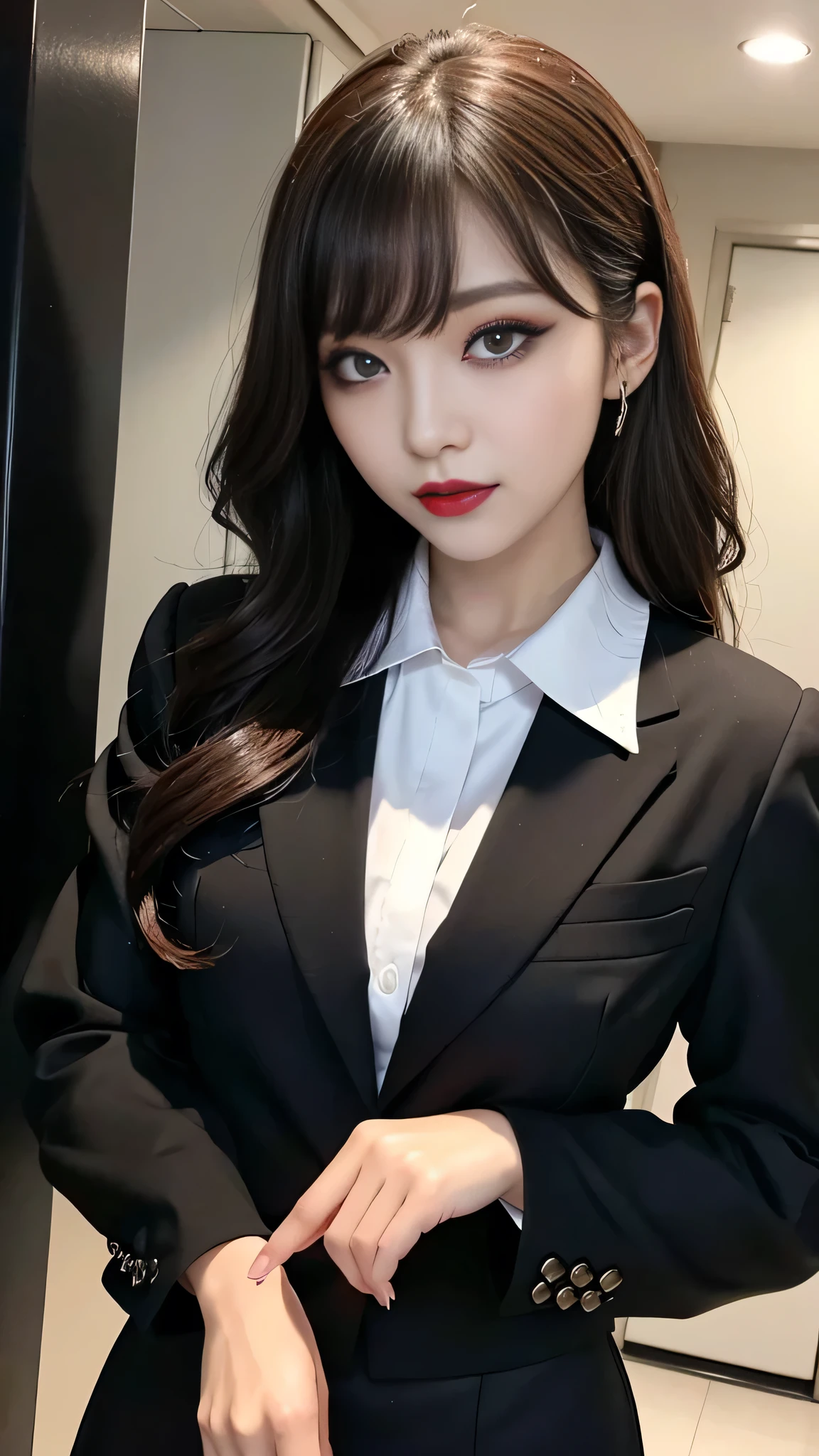 best quality、ultra-detailed、4k、Japanese、Seductive beauty、seductive adult woman、Pretty Woman、cool girl、Villainess、Brainwashed、brainwash、Fallen into evil、smirk、Evil look、Wicked Smile、evil、Brown hair、wavy hair、swept bangs、dark makeup、dark makeup、piercing eyes、hollow eyes,half-closed eyes、Hollow Eyes、purple Eyeshadow、black lipstick、black lipglos、office staff suit、suit、Jacket、Black sleeves、White Shirt、Black Ribbon、Tight Skirt、pantyhose、night、inside darkroom、Are standing、shoot from below、Have lipstick、Emblem of Evil、Crest of Darkness、Swear allegiance、I have pledged my allegiance、Dye black、Blackening、Stained with evil、Dyed in darkness、Seduce