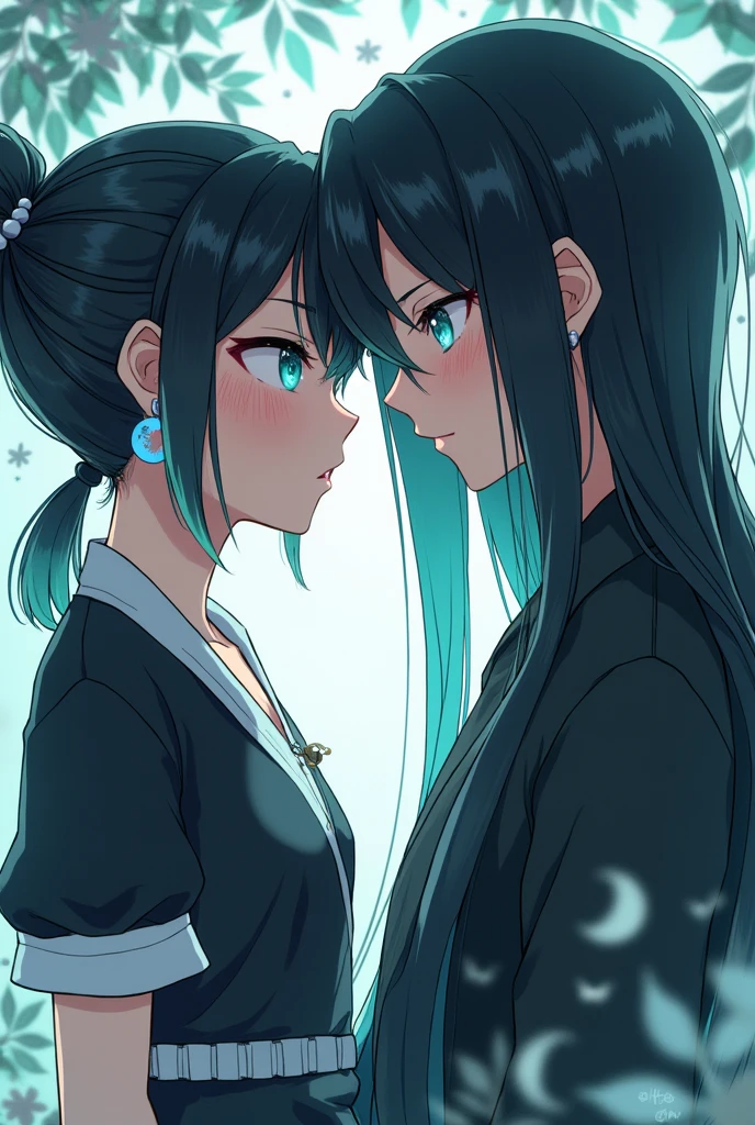 A girl in the style of the Kimetsu no Yaiba anime who has Daki makeup on her eyes and short, black hair tied back with mint-colored tips, also eyes of the same color and who has a demon hunter uniform. The uniform is the one worn by the Demon Slayer characters and has short sleeves and a low neckline., and that he has a katana, the uniform is gray and the edges of the collar and sleeves are white and that he has moon-shaped earrings and that he has white shadows in his eyes, that she is with muichirou tokitou is a man from demon slayer and that both are blushing the man has long hair and the tips are sea water
