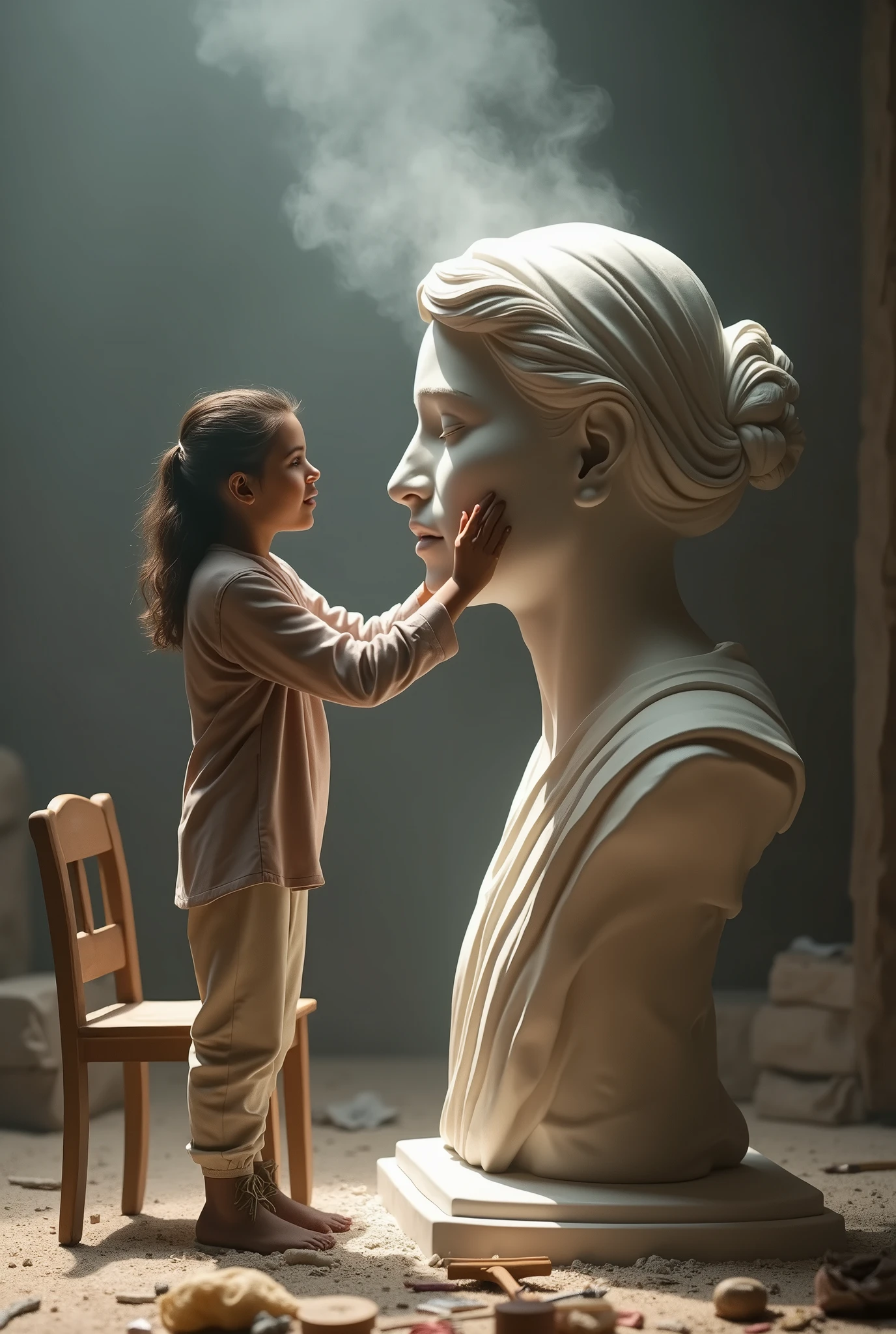 Une image merveilleuse et réelle en haute résolution 4K. Une jeune fille arabe de 15 ans sculpte la moitié d'une grande statue de sa mère décédée. Elle tient des outils de travail à la main, portant des vêtements de travail. est sur le point de terminer son travail. Profonde tristesse et larmes aux yeux de la jeune fille.
La jeune fille se tient debout sur la chaise pour atteindre la tête de la statue.
Outils de sculpture au sol.
Éclairage doux d'en haut, fumée à l'arrière