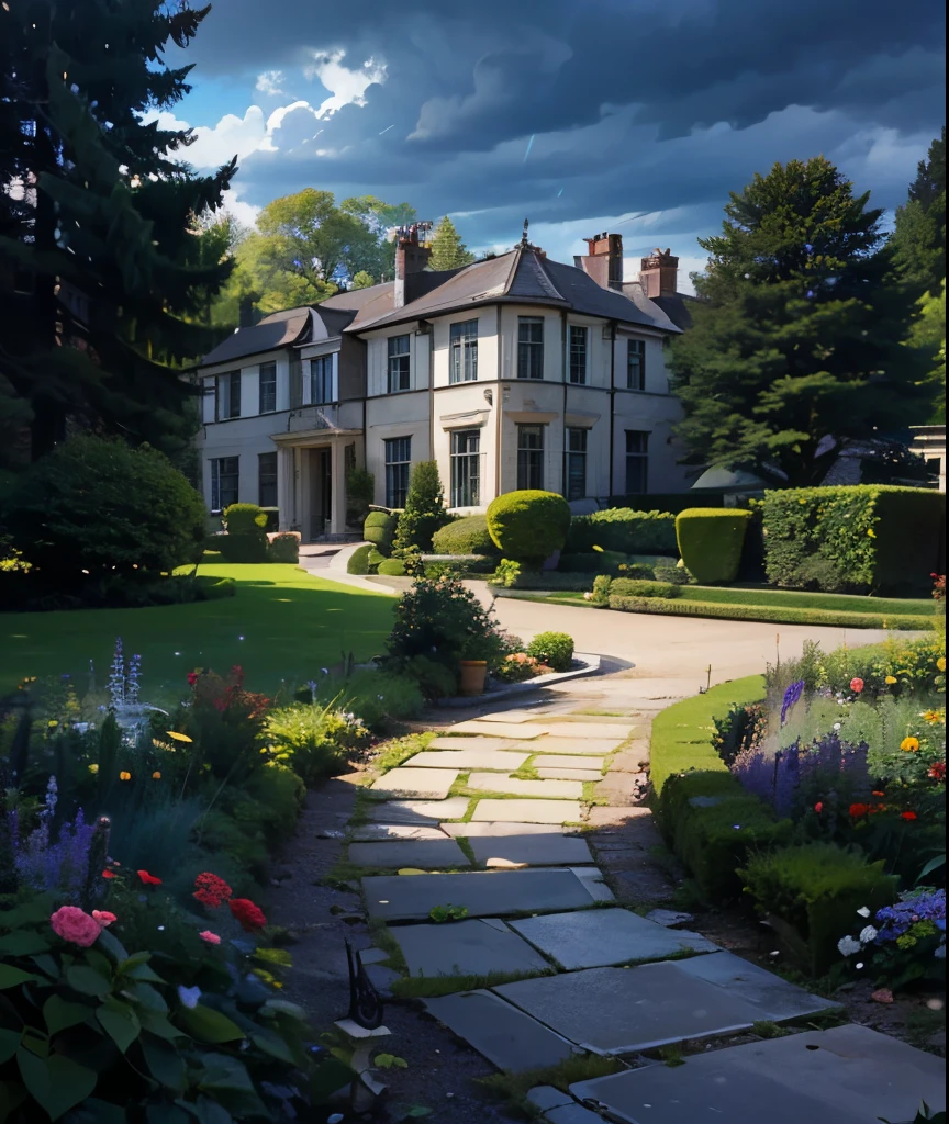 The Romanesque Revival biggest mansion , accessed by a biggest field and garden and biggest beautiful swimming pool , is surrounded by an English garden. There is a dense forest behind the house. There is a dark cloud above the house, which portends a downpour. The lights in the windows are off.