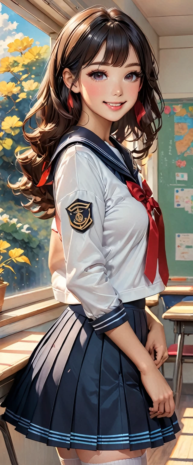 Highest quality、High resolution、Detailed Background、Beautiful face in every detail、Highly detailed face、Detailed red eyes、Anatomically correct、Normal number of fingers、Teenage beauty、Perfect body line、Black Hair、Brown Hair、Bobcut、Long Hair、Wavy Hairstyle、Cute Eye Makeup、Cute Lip Makeup、Calm atmosphere、Glossy sailor suit、Sailor collar、Pleated skirt、Red ribbon、White Stockings、Standing by the window of a classroom、Looking back at me with a big smile、Cute gestures、very beautiful