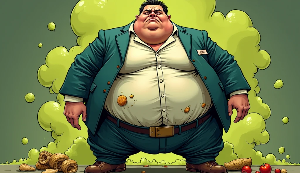 beautiful morbidly obese young female mob boss wearing a mobster suit with food stains on it farting olive green stink fumes from her butt, comic artstyle