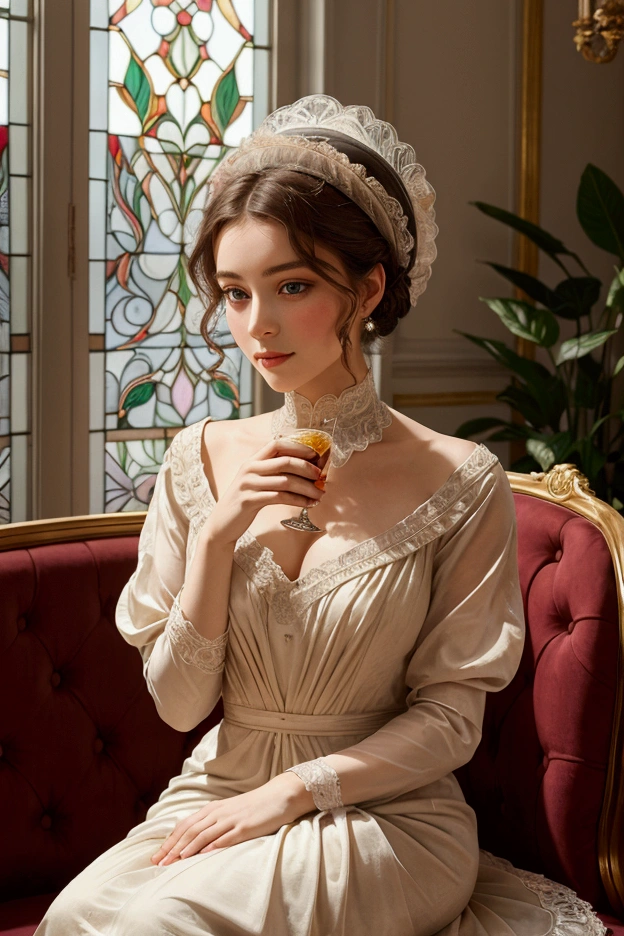 Create a portrait of an elegant woman in an early 20th-century Parisian café, embodying the Belle Époque era. She should be dressed in a sophisticated, flowing dress with intricate lace details, her hair styled in a loose updo adorned with a feathered hat. The background should reflect the art nouveau style with stained glass windows casting colorful light, wrought iron furniture, and lush indoor plants. Capture her in a moment of contemplation, with a slight smile, holding a porcelain cup. The lighting should be soft, mimicking the natural light of a cloudy afternoon, with subtle highlights to emphasize the textures of her attire and the ambiance. Use a technique that blends photorealism with a painterly touch, reminiscent of the works by Toulouse-Lautrec but with modern clarity.