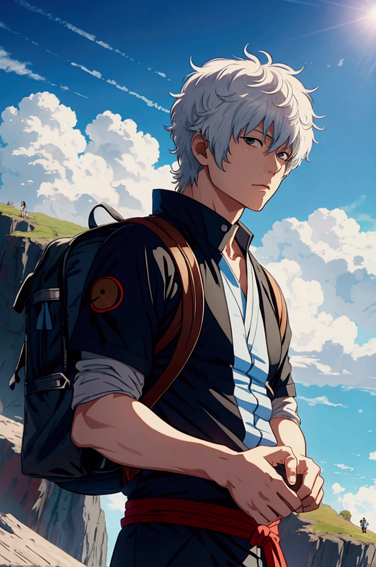 Sakata Gintoki from Gintama, modern stylish uniform hanging on a cliff carrying a backpack, bright afternoon. Sky. scenery,Close up image, taken from the bottom side