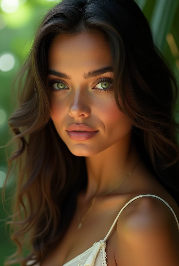 Beautiful latina woman with green eyes, olive skin, and dark brown hair. Soft features, feminine. Unique and round features.