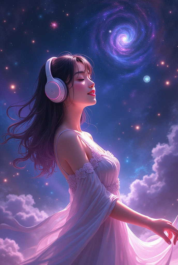 Woman with headphones, Woman Smiling, Universe, Planets, Stars, Galaxies, Woman listening to music, predominantly shades of purple and black, realistc anime style