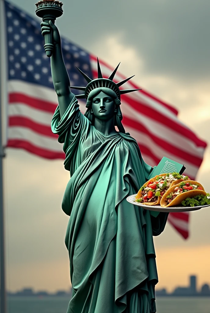 Statue of Liberty with the American flag behind it and holding some Mexican tacos